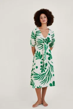 Abstract Palm Print Tie Front Midi Dress
