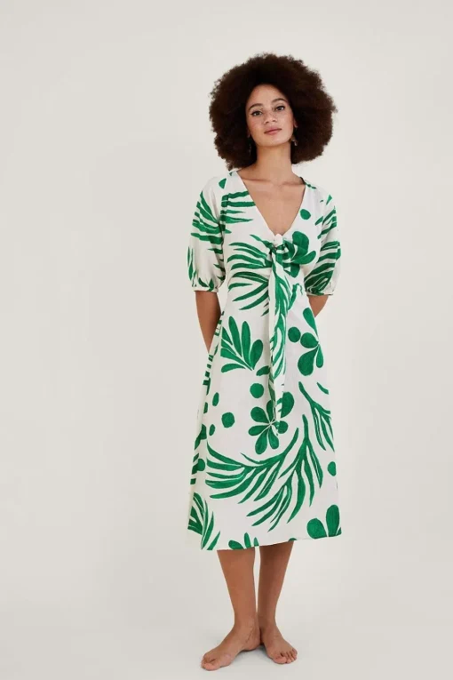 Abstract Palm Print Tie Front Midi Dress