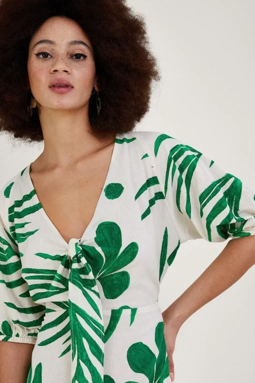 Abstract Palm Print Tie Front Midi Dress