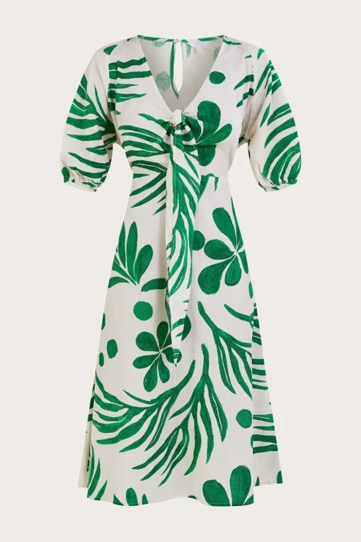 Abstract Palm Print Tie Front Midi Dress