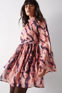 Abstract Print Flared Sleeve Chiffon Mini Dress