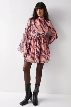 Abstract Print Flared Sleeve Chiffon Mini Dress