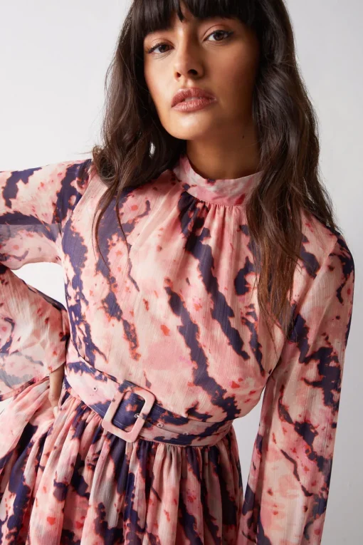 Abstract Print Flared Sleeve Chiffon Mini Dress