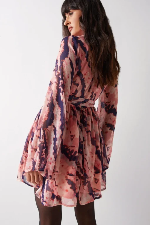 Abstract Print Flared Sleeve Chiffon Mini Dress