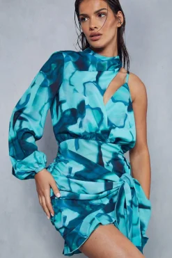 Abstract Print Frill Asymmetric Wrap Mini Dress