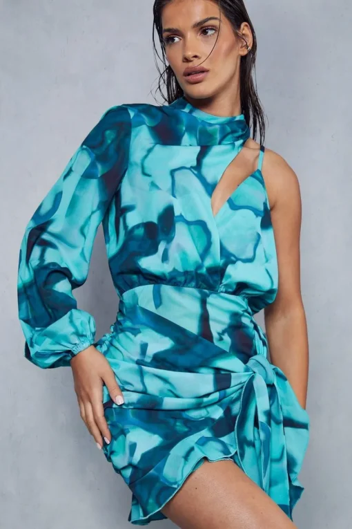 Abstract Print Frill Asymmetric Wrap Mini Dress
