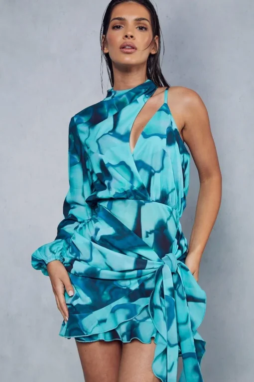 Abstract Print Frill Asymmetric Wrap Mini Dress