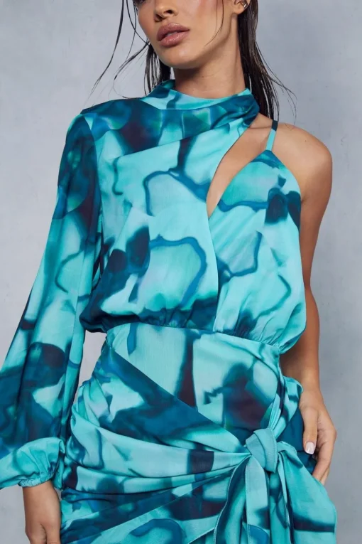 Abstract Print Frill Asymmetric Wrap Mini Dress