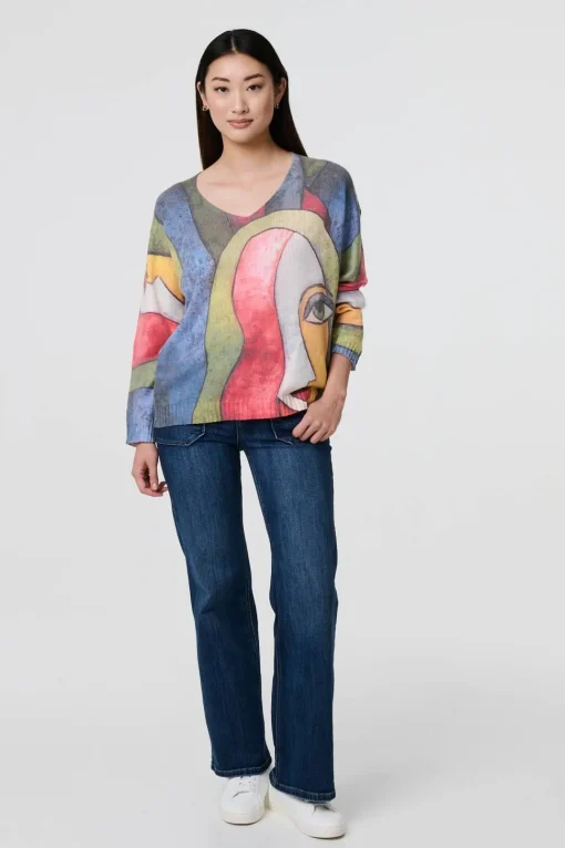 Abstract Print Long Sleeve Knit Jumper