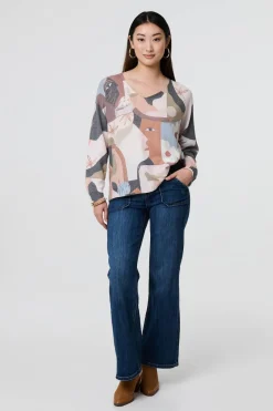 Abstract Print Long Sleeve Knit Top