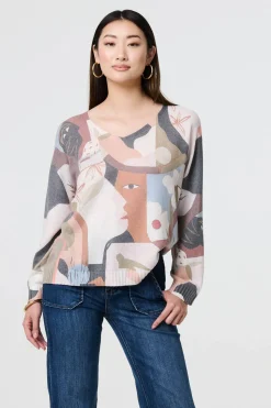 Abstract Print Long Sleeve Knit Top