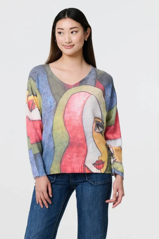 Abstract Print Long Sleeve Knit Jumper