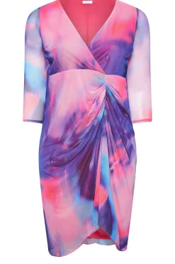 Abstract Print Mesh Gathered Midi Dress