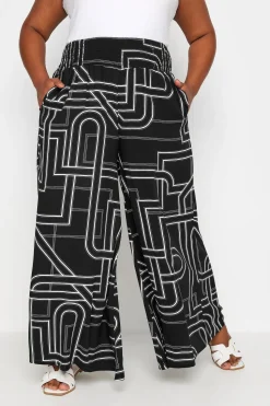 Abstract Print Shirred Wide Leg Trousers