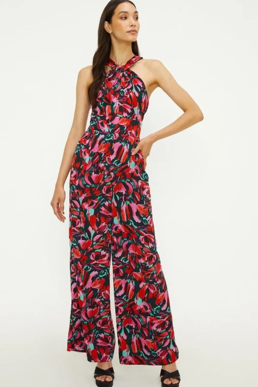 Abstract Print Twist Neck Lined Jumpsuit