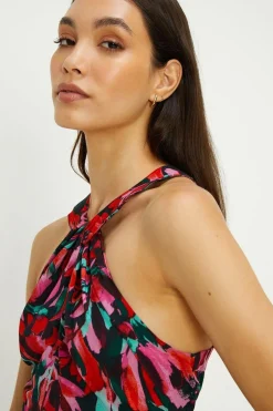 Abstract Print Twist Neck Lined Jumpsuit