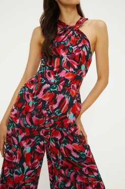 Abstract Print Twist Neck Lined Jumpsuit