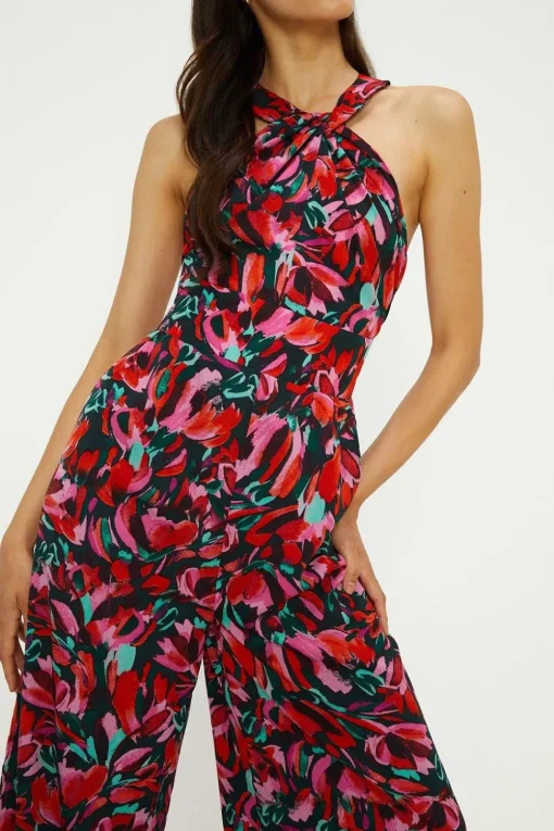 Abstract Print Twist Neck Lined Jumpsuit
