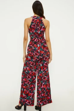 Abstract Print Twist Neck Lined Jumpsuit