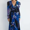 Abstract Ruched Front V Neck Midi Dress