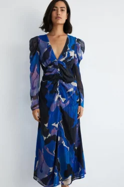 Abstract Ruched Front V Neck Midi Dress