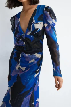 Abstract Ruched Front V Neck Midi Dress