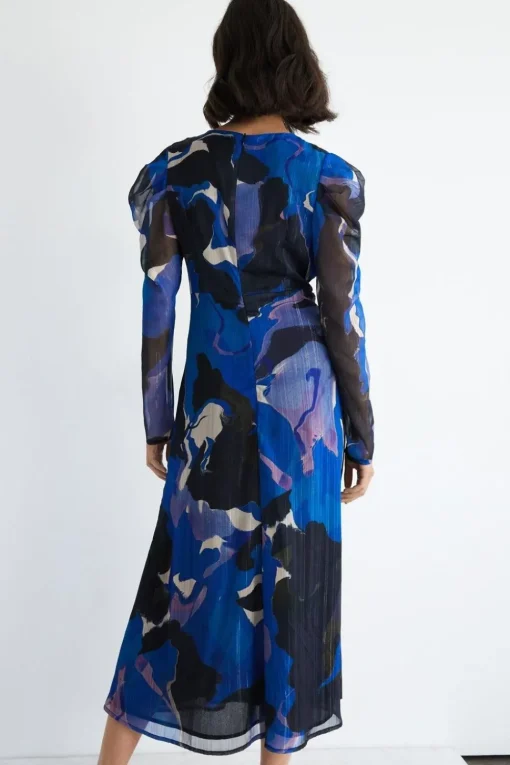 Abstract Ruched Front V Neck Midi Dress