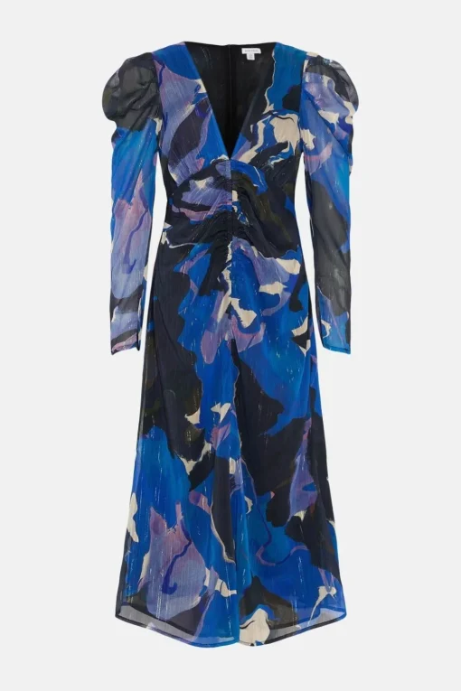 Abstract Ruched Front V Neck Midi Dress