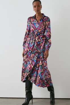 Abstract Satin Collared Wrap Dress