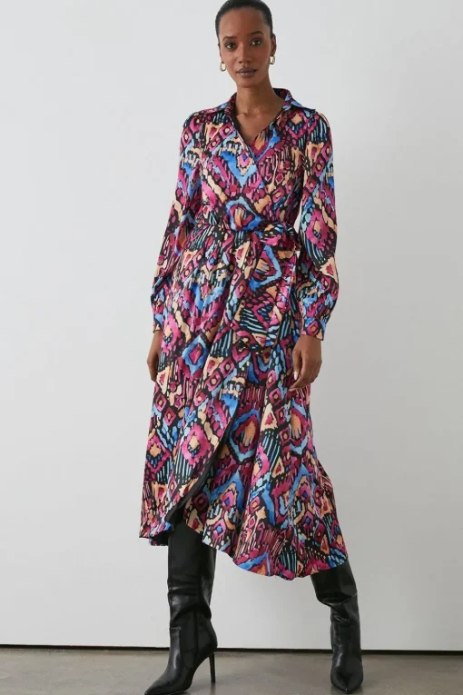 Abstract Satin Collared Wrap Dress