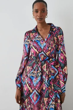Abstract Satin Collared Wrap Dress
