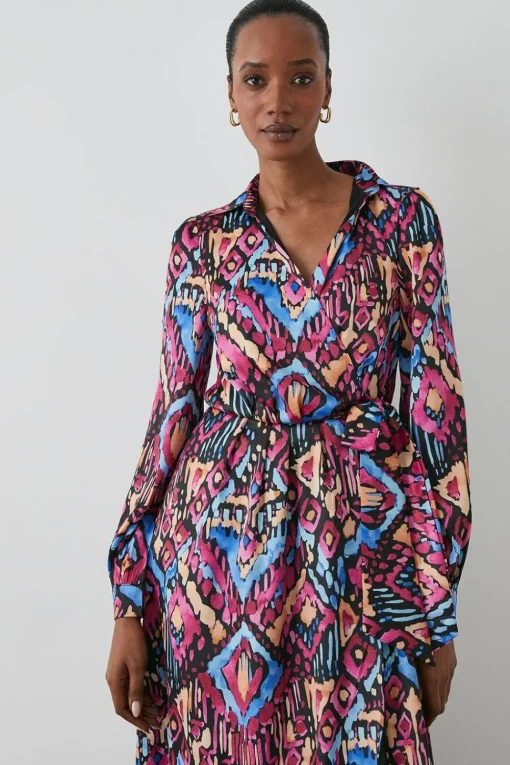Abstract Satin Collared Wrap Dress