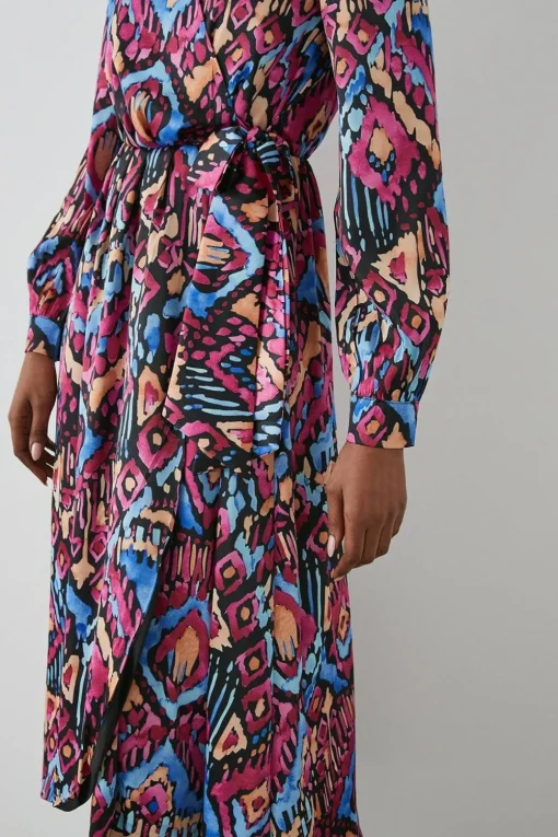 Abstract Satin Collared Wrap Dress