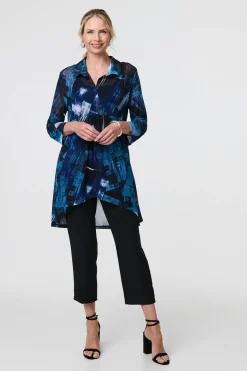Abstract Sheer Curve Hem Longline Shirt