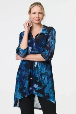 Abstract Sheer Curve Hem Longline Shirt