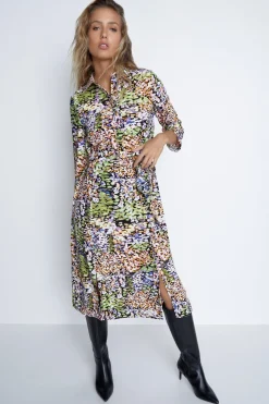Abstract Smudge Roll Sleeve Shirt Dress