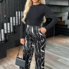 Abstract Stripe Print 2 in 1 Long Sleeve Wide Leg Jumpsuit
