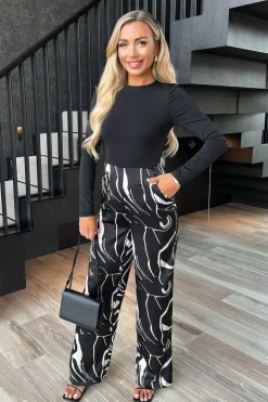 Abstract Stripe Print 2 in 1 Long Sleeve Wide Leg Jumpsuit
