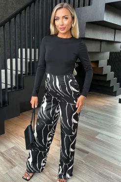 Abstract Stripe Print 2 in 1 Long Sleeve Wide Leg Jumpsuit