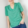Abstract V Neck Gathered Shoulder Top