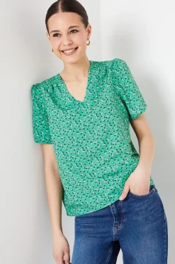 Abstract V Neck Gathered Shoulder Top