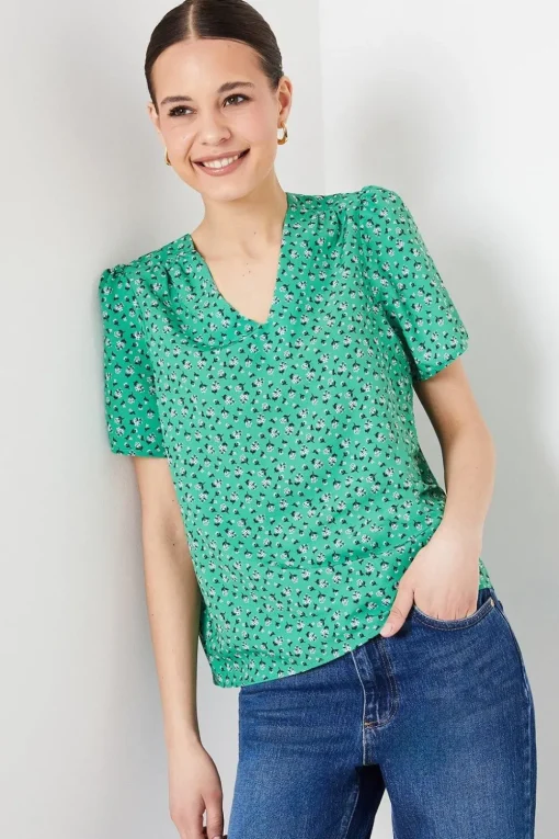 Abstract V Neck Gathered Shoulder Top