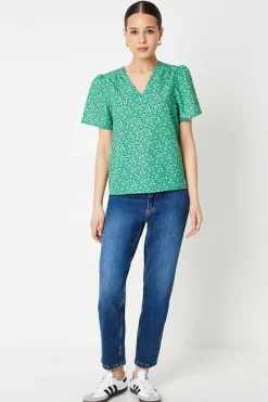 Abstract V Neck Gathered Shoulder Top