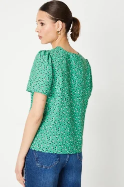 Abstract V Neck Gathered Shoulder Top