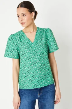 Abstract V Neck Gathered Shoulder Top