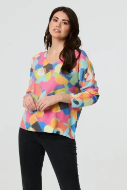 Abstract V-Neck Long Sleeve Knit Top