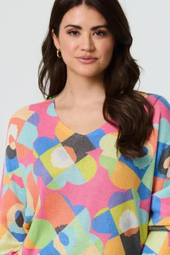 Abstract V-Neck Long Sleeve Knit Top