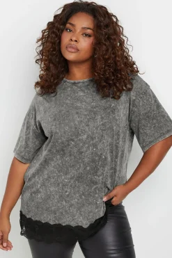 Acid Wash Lace Hem T-Shirt