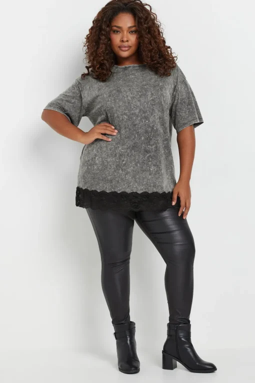 Acid Wash Lace Hem T-Shirt