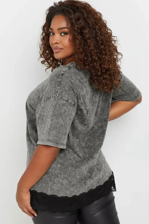 Acid Wash Lace Hem T-Shirt